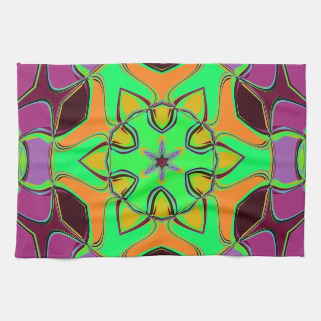 Cartoon Mandala Blume Green Orange und Lila Geschirrtuch (Horizontal)