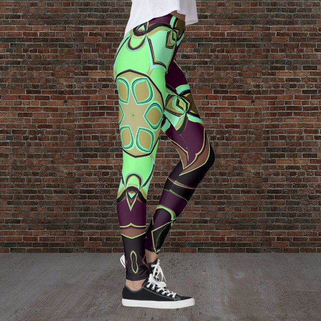 Cartoon Mandala Blume Grün Lila und Schwarz Leggings (Von Creator hochgeladen)