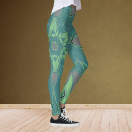 Cartoon Mandala Blume Grün und Blau Leggings