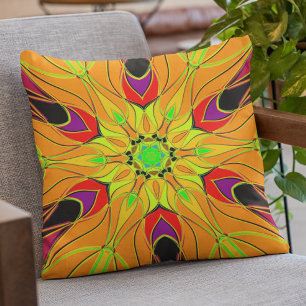 Cartoon Mandala Blume Orange Green und Red Kissen