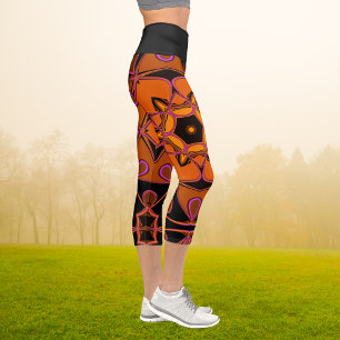 Cartoon Mandala Blume Orange Pink und Black Capri Leggings