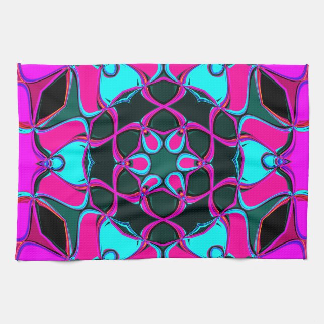 Cartoon Mandala Blume Rosa und Blau Geschirrtuch (Horizontal)