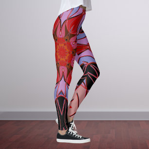 Cartoon Mandala Blume Rot Blau und Rosa Leggings