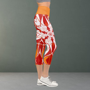 Cartoon Mandala Blume Rot Orange und Weiß Capri Leggings