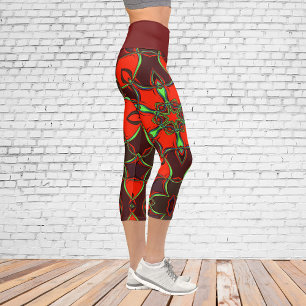 Cartoon Mandala Blume Rot und Aquamarin Capri Leggings