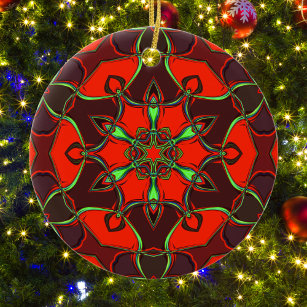 Cartoon Mandala Blume Rot und Aquamarin Keramik Ornament