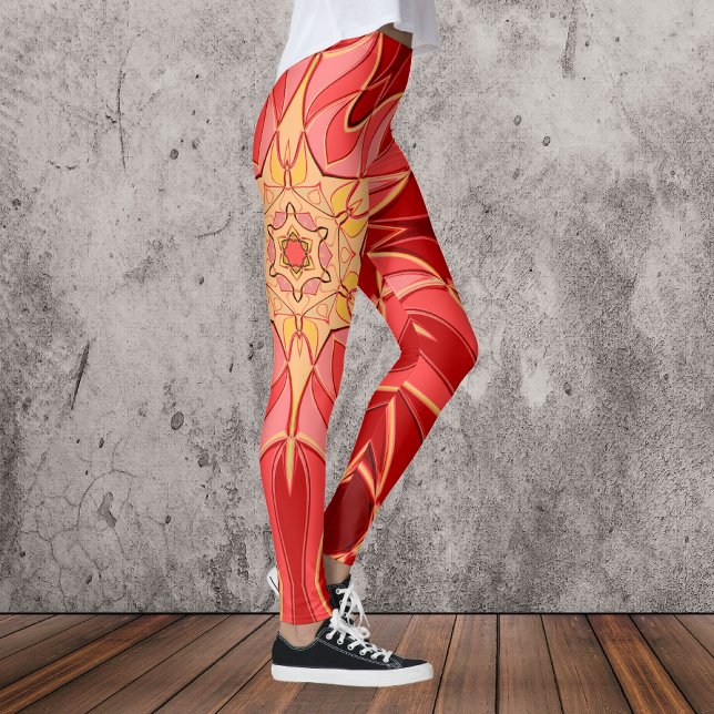 Cartoon Mandala Blume Rot und Orange Leggings (Von Creator hochgeladen)
