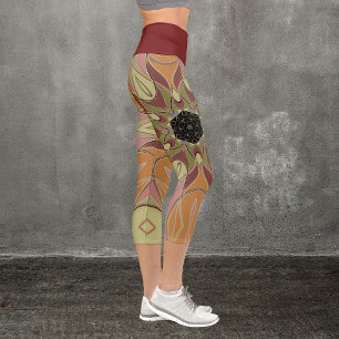 Cartoon Mandala Blume Rotes Orange und Gelb Capri Leggings