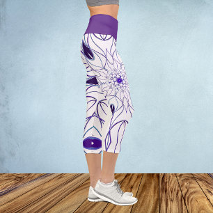 Cartoon Mandala Blume Weiß und Lila Capri Leggings