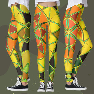 Cartoon Mandala Gelb- und Gelborange sowie Grün Leggings