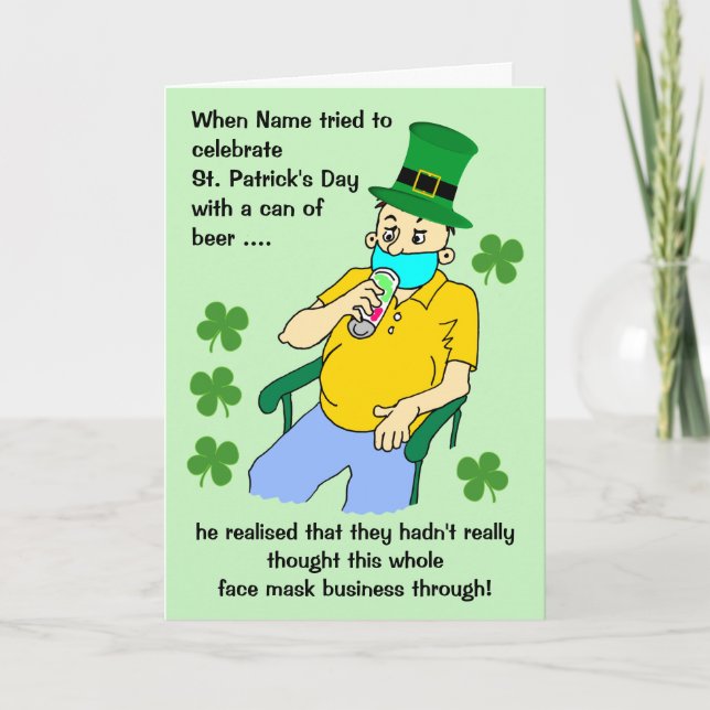 Cartoon Männliche Facemask Beer St Patricks Tag Karte (Vorderseite)