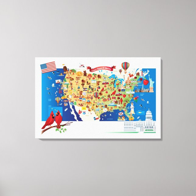Cartoon Map USA Leinwanddruck (Vorderseite)