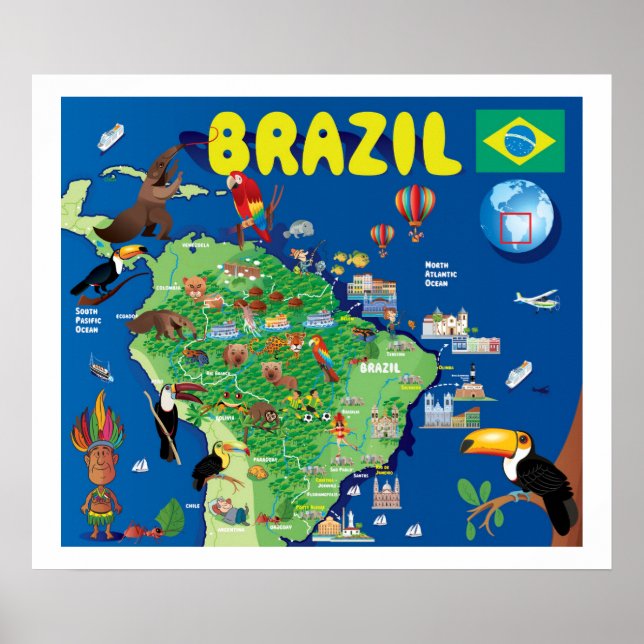 Cartoon Map von Brasilien Poster (Vorne)