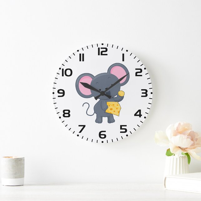 Cartoon Maus mit Käse Adorable Animal Große Wanduhr (Von Creator hochgeladen)