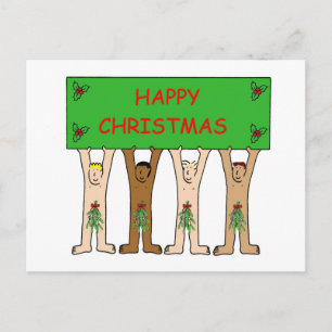 Cartoon Men Wearing Christmas Mistletoe Postkarte