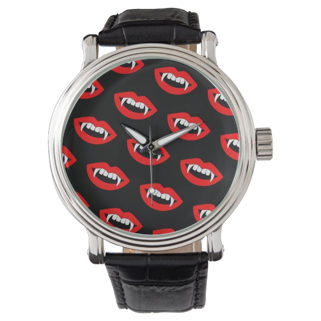 Cartoon Monster Vampir Lippen scharfe Zähne Fangge Armbanduhr (Vorderseite)