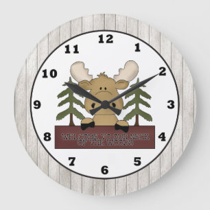Cartoon Moose cabin wall clock Große Wanduhr