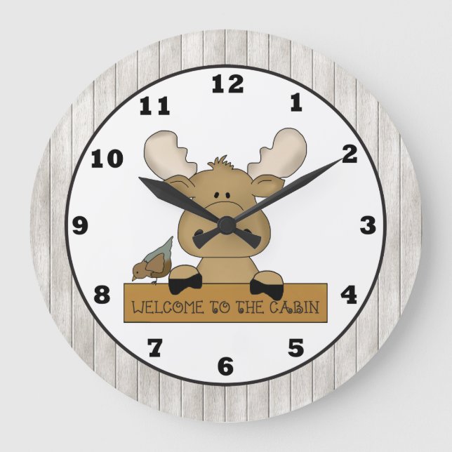 Cartoon Moose Welcome Cabin wall clock Große Wanduhr (Vorderseite)