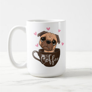 Cartoon Mops Hund sitzt in einer Tasse Kaffee