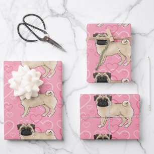 Cartoon-Mops mit rosa Liebesherzmuster Geschenkpapier Set