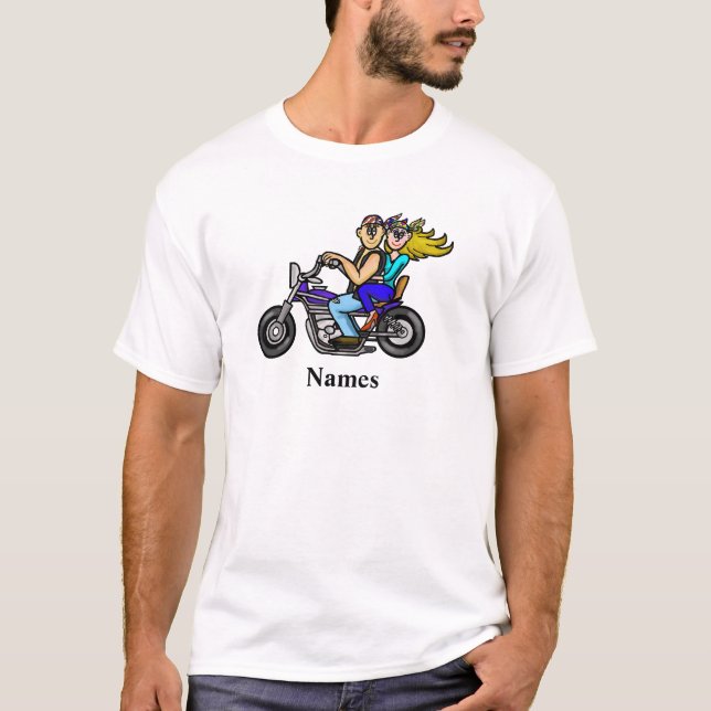 Cartoon Motorrad Couple T - Shirt Persönlicher Nam (Vorderseite)