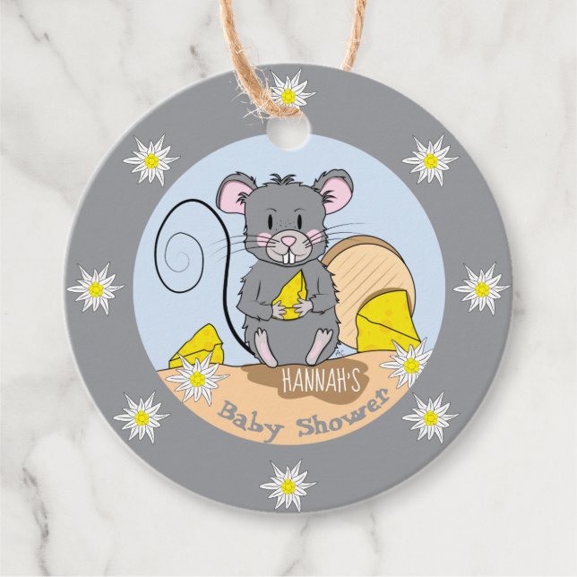 Cartoon Mouse Edelweiss Babydusche Geschenkanhänger (Vorderseite)
