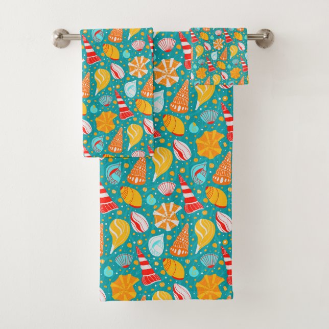 Cartoon Muscheln mit Sand und Doodle-Verzierung Badhandtuch Set (Insitu)