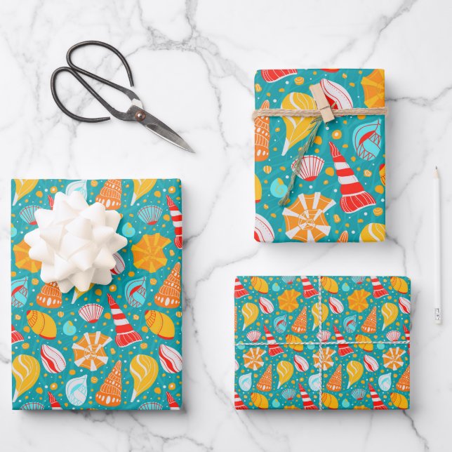 Cartoon Muscheln mit Sand und Doodle-Verzierung Geschenkpapier Set (Vorderseite)