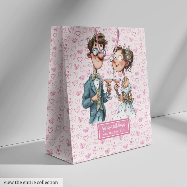 Cartoon Newlyweds Hochzeitsgeschenk Beutel Wasserf Mittlere Geschenktüte (Cartoon Newlyweds Wedding Gift Bag Watercolor Fun)
