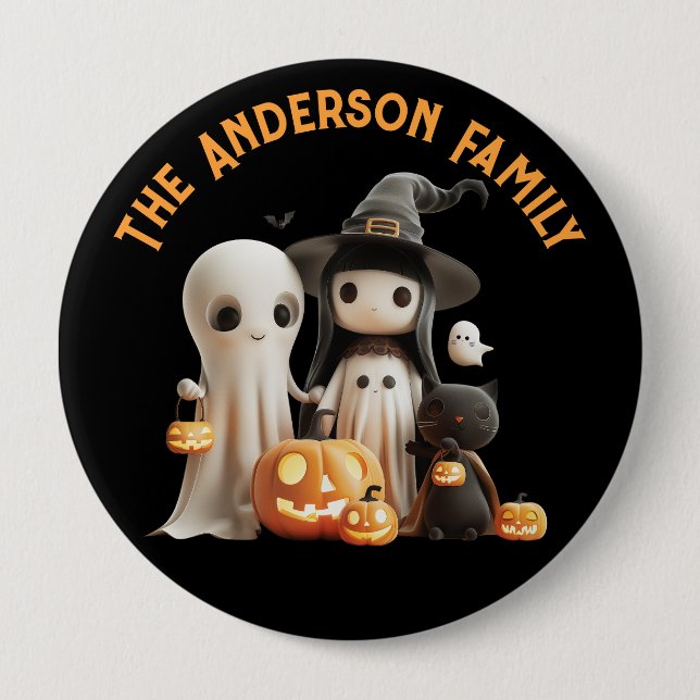 Cartoon Niedlich Hexenmeister Ghost Pumpkins Famil Button (Vorderseite)