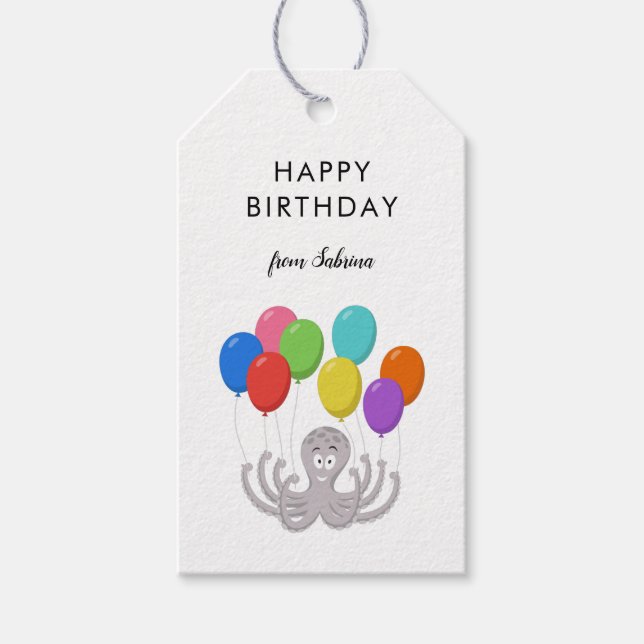Cartoon Niedlich Octopus Happy Birthday Balloons Geschenkanhänger (Vorderseite)