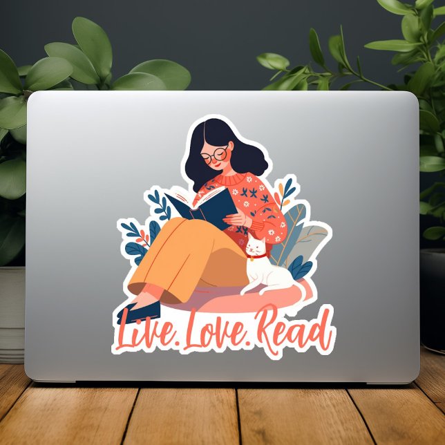 Cartoon Niedliche weibliche Lesebuch mit Katzeneig Aufkleber (Cartoon Cute Woman Reading Book with Cat Custom Sticker)