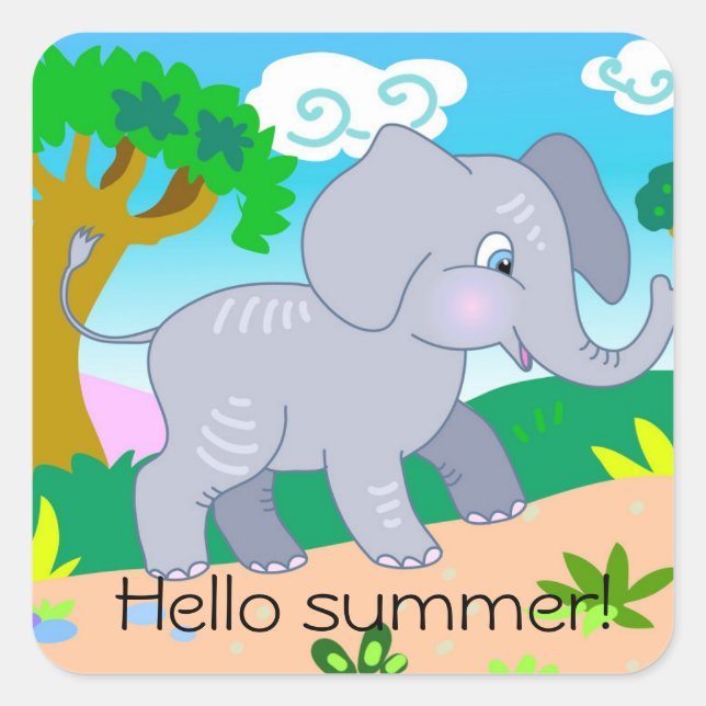 Cartoon niedlicher Elefant im Sommer in der Natur Quadratischer Aufkleber (Vorderseite)