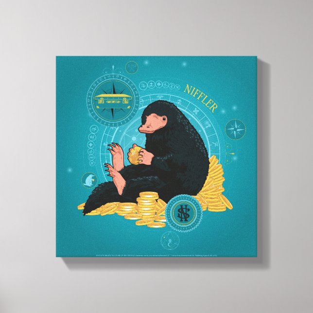 Cartoon NIFFLER™ mit Goldmünzen Leinwanddruck (Vorderseite)