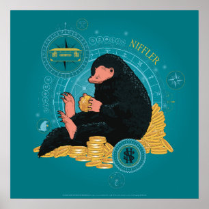 Cartoon NIFFLER™ mit Goldmünzen Poster