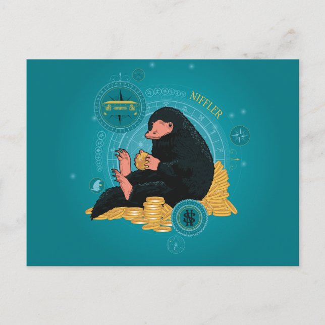 Cartoon NIFFLER™ mit Goldmünzen Postkarte (Vorderseite)