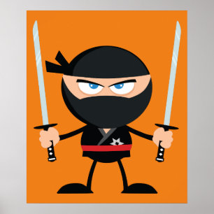 Cartoon Ninja Krieger mit zwei Katana Poster