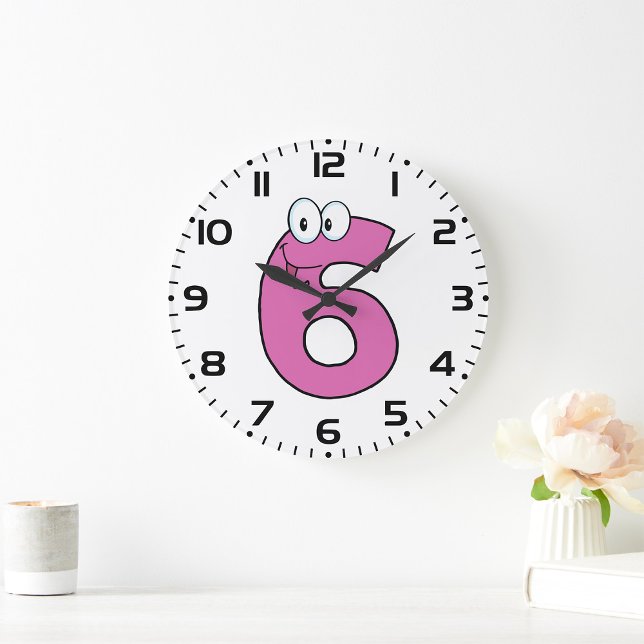 Cartoon Nummer 6 Spaß Lila Lächeln sechs Große Wanduhr (Von Creator hochgeladen)