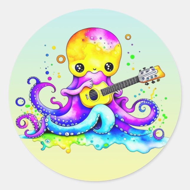 Cartoon Octopus Gitarre spielen Runder Aufkleber (Vorderseite)