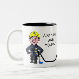 Cartoon of Fireman Holding His hose Zweifarbige Tasse