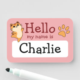 Cartoon Orange Cat, Paw Print, Custom, Pink Namensschild