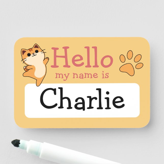 Cartoon Orange Cat, Paw Print, Custom, Yellow Namensschild (Beispiel)