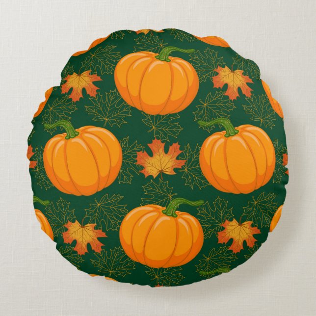 Cartoon Orange Pumpkin und Herbst Ahorn fallen le Rundes Kissen (Vorderseite)