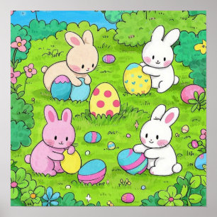 Cartoon Osterbrunnes und bunte Eier Poster