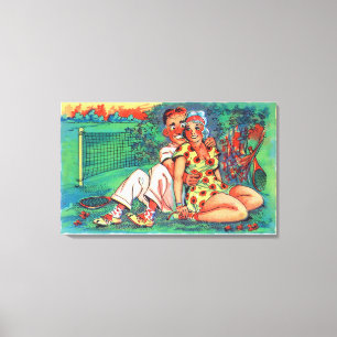 Cartoon-Paare mit Tennis-Gang Leinwanddruck