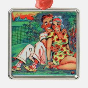 Cartoon-Paare mit Tennis-Gang Silbernes Ornament