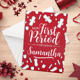 Cartoon Pads Red Script Teen Girl Erster Zeitraum Karte