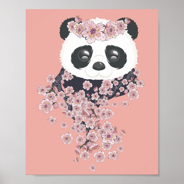 Cartoon Panda Portrait mit Sakura Blume Poster (Vorne)