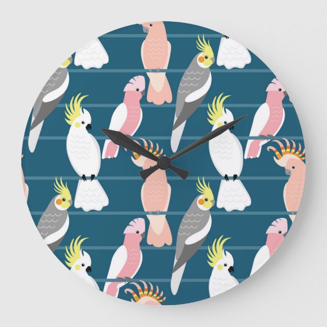 Cartoon Papageien: Niedliches nahtloses Muster Große Wanduhr (Vorderseite)