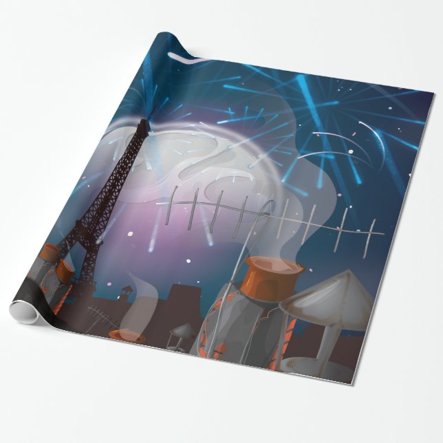 Cartoon Paris Skyline mit Fireworks Geschenkpapier (Ungerollt)